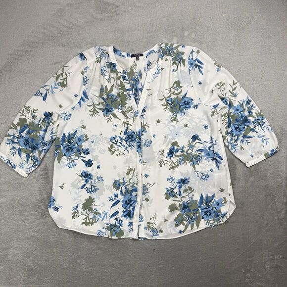 NYDJ Top Womens XL White Floral Pintuck Blouse Casual Career Hidden Button Front - Picture 1 of 9